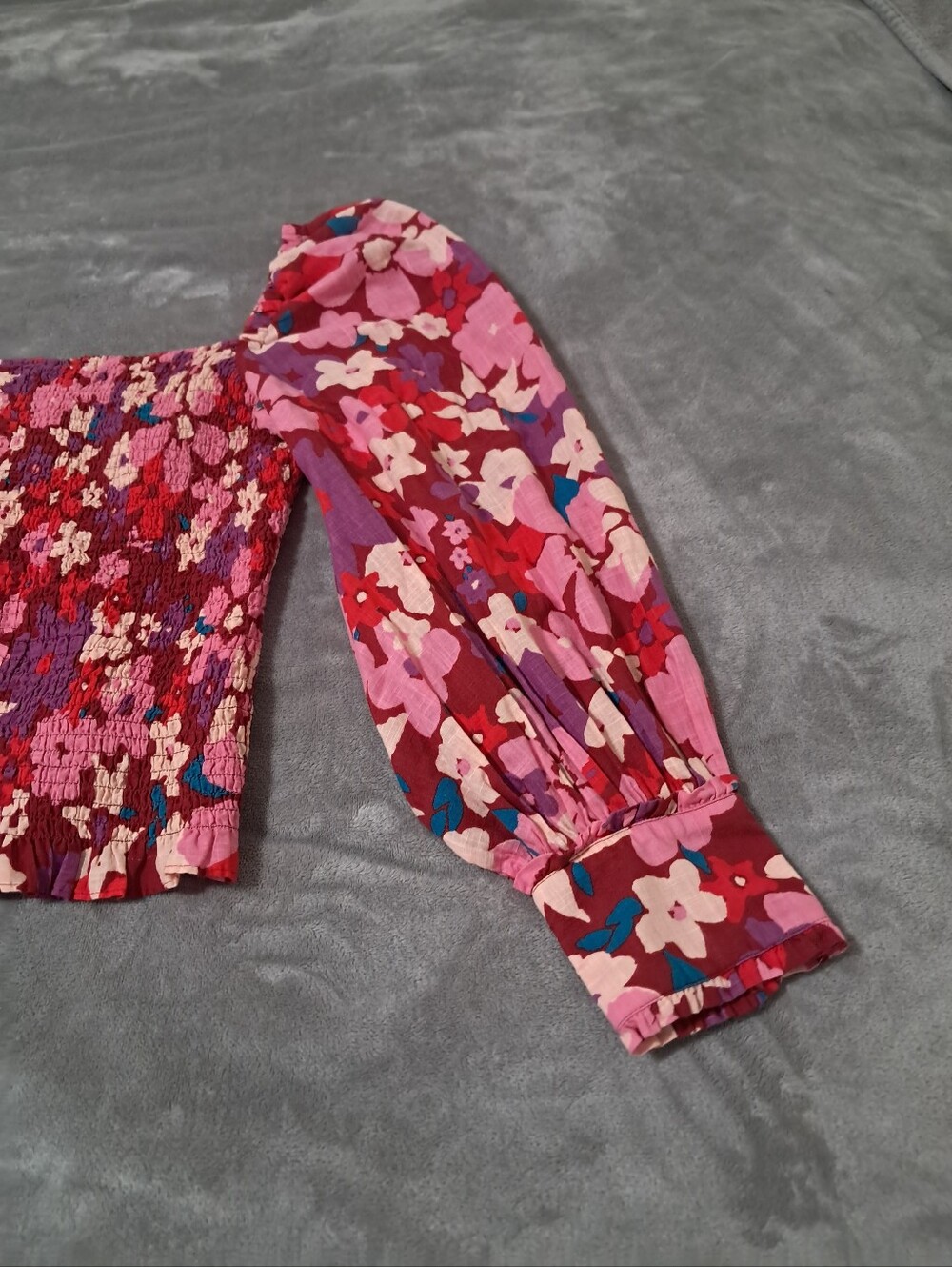 Free People Womens Pink Multi Floral Square Neck Smocked Bodice Blouse Sz. M - Picture 5 of 9